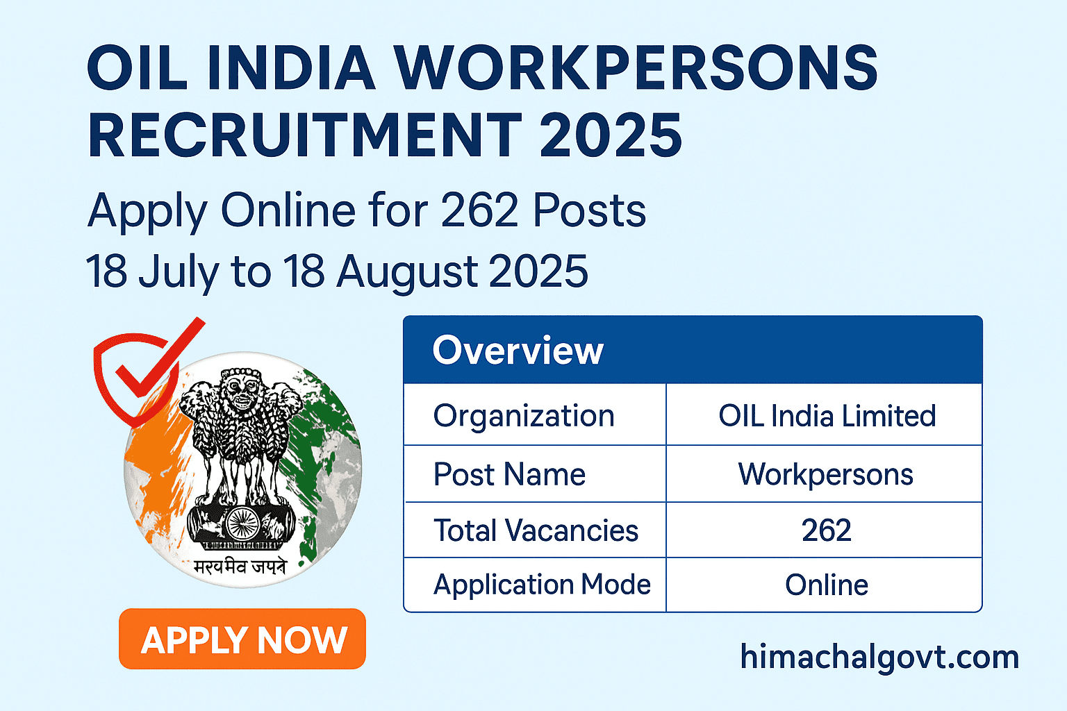 OIL India Workpersons Recruitment 2025 – Apply Online for 262 Posts